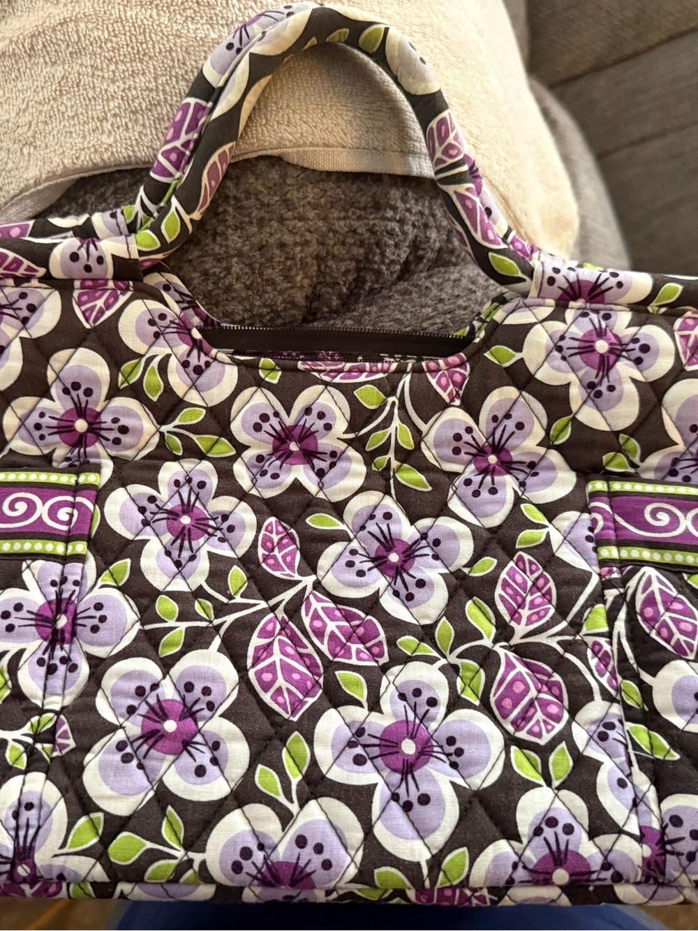 Vera Bradley Brown Floral Quilted Tote with Purple, Lavender, and Green Accents